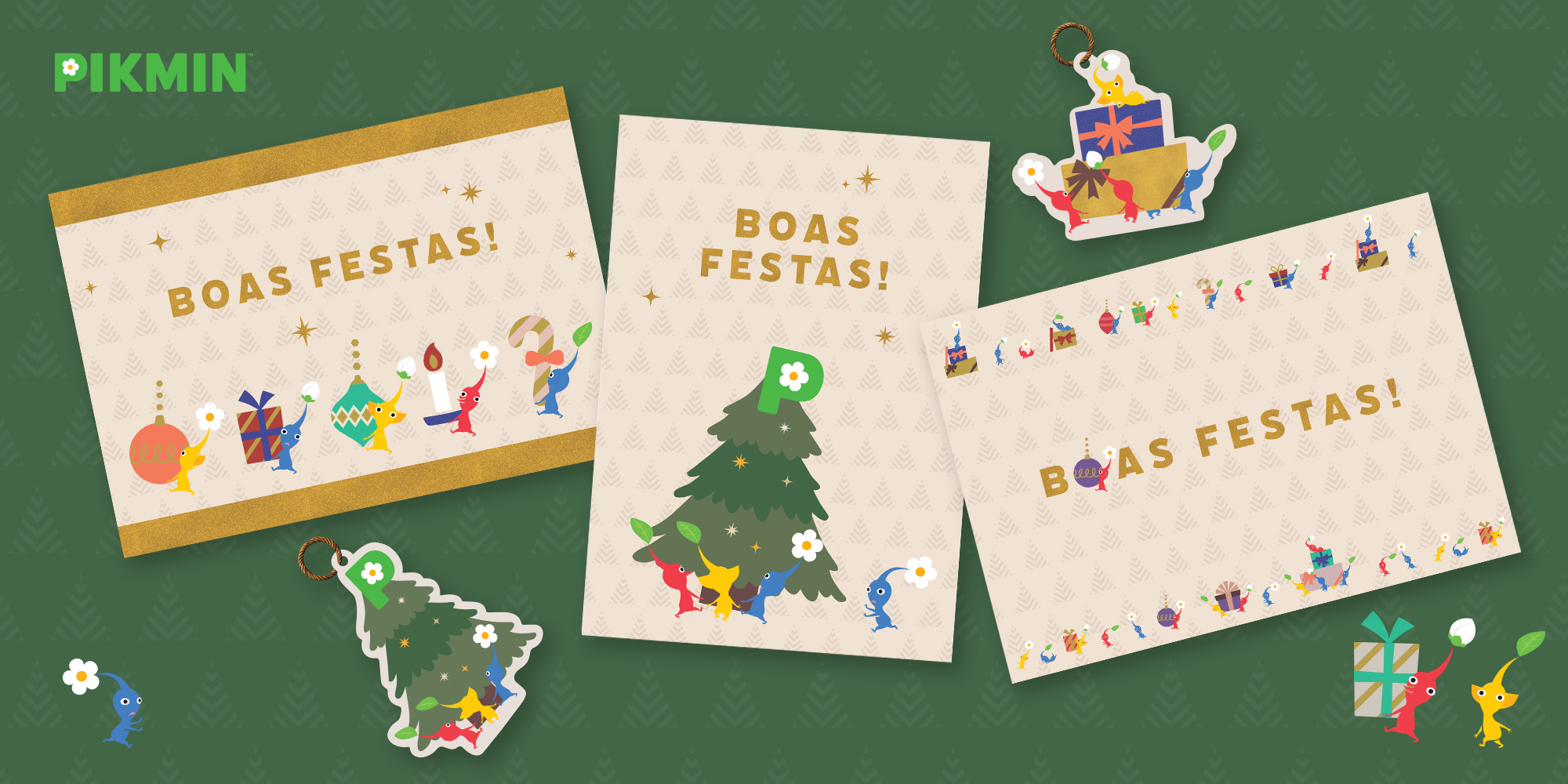 Não percas postais de Boas Festas e decorações natalícias de Pikmin!