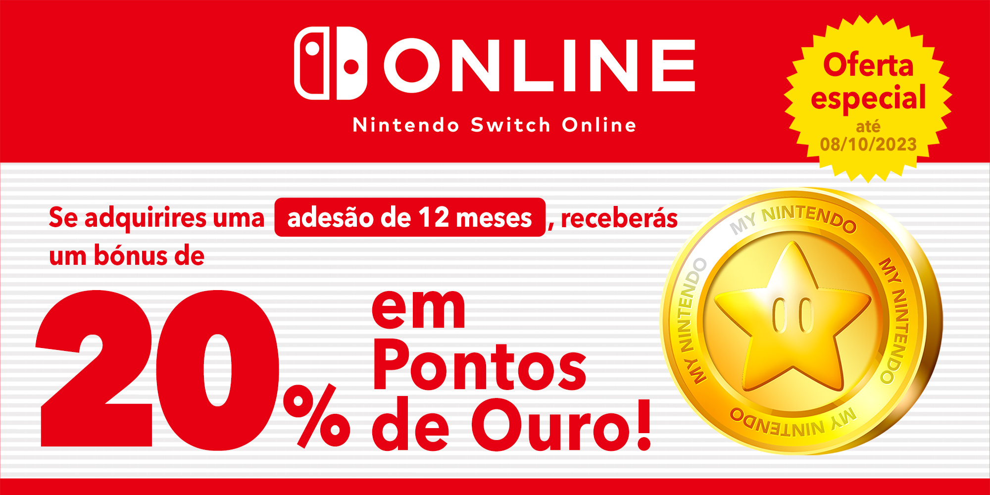 Oferta especial: Podes receber até €14,00 em Pontos de Ouro com adesões do Nintendo Switch Online de 12 meses!