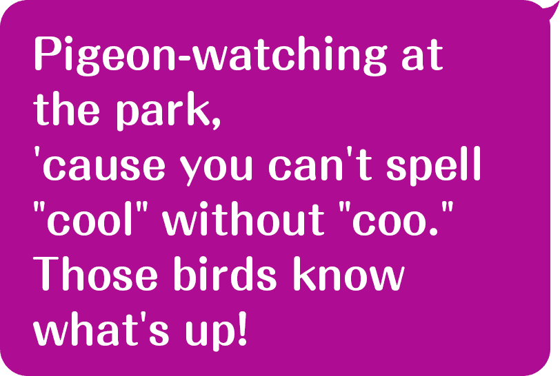 Pigeon-watching at the park, 'cause you can't spell "cool" without "coo." Those birds know what's up!