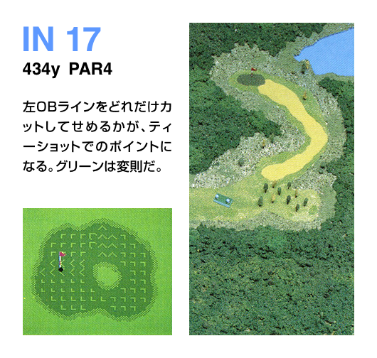 IN 17 434y  PAR4 フックボールは禁物。ストレートでグリーンの右端を狙おう。池がじゃましているので無難にPARを狙おう。