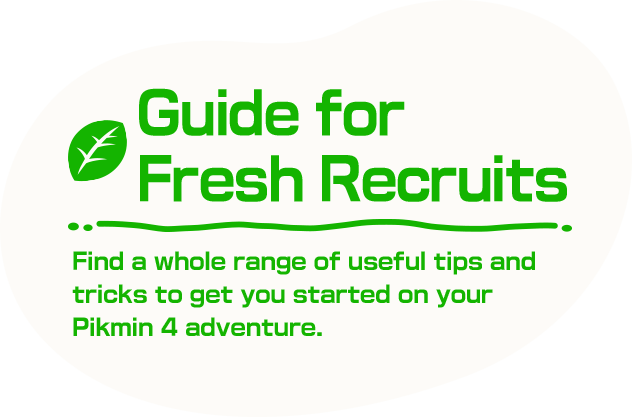 Guide for Fresh Recruits Find a whole range of useful tips and tricks to get you started on your Pikmin 4 adventure.