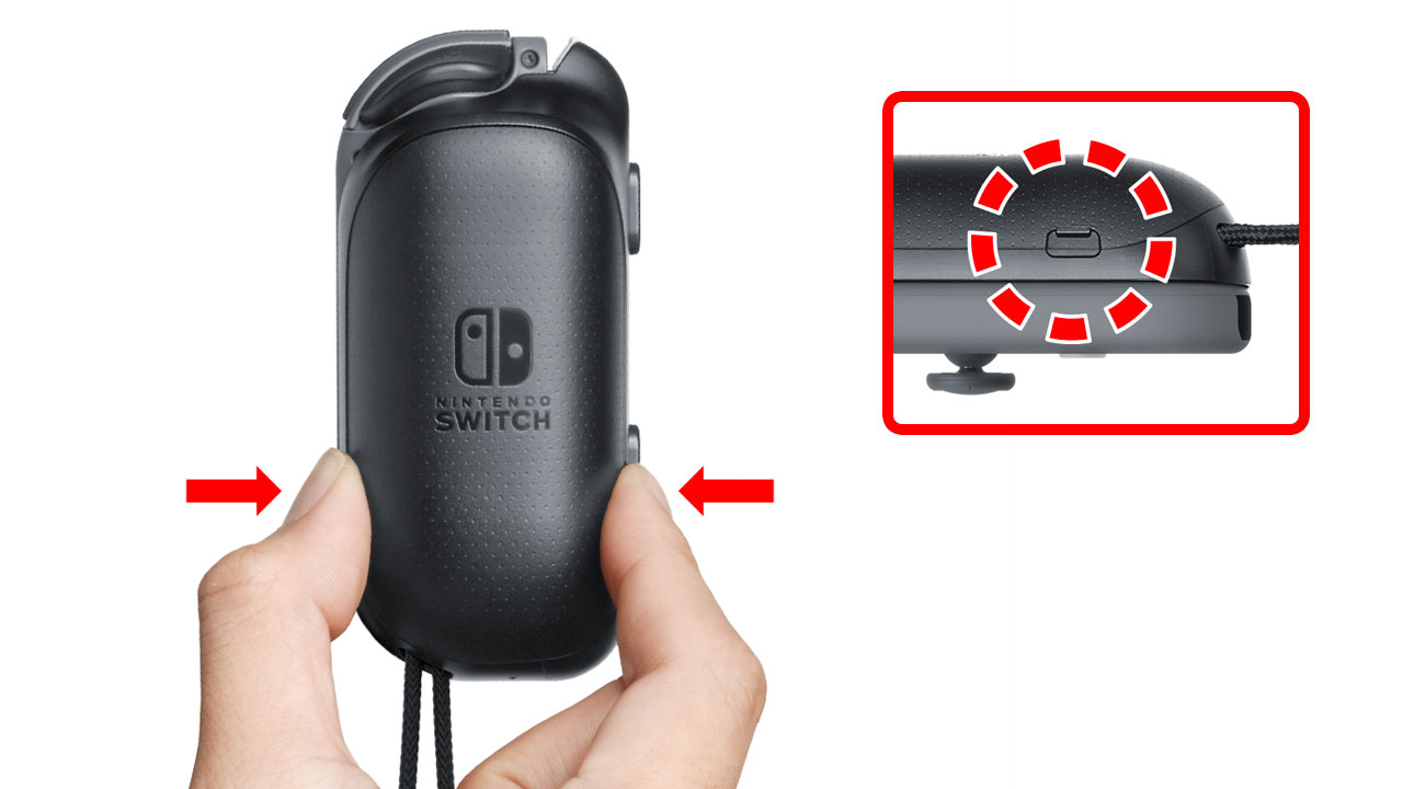 Use your fingers to push in the dimples on the left and right sides of the Joy-Con AA battery pack cover.