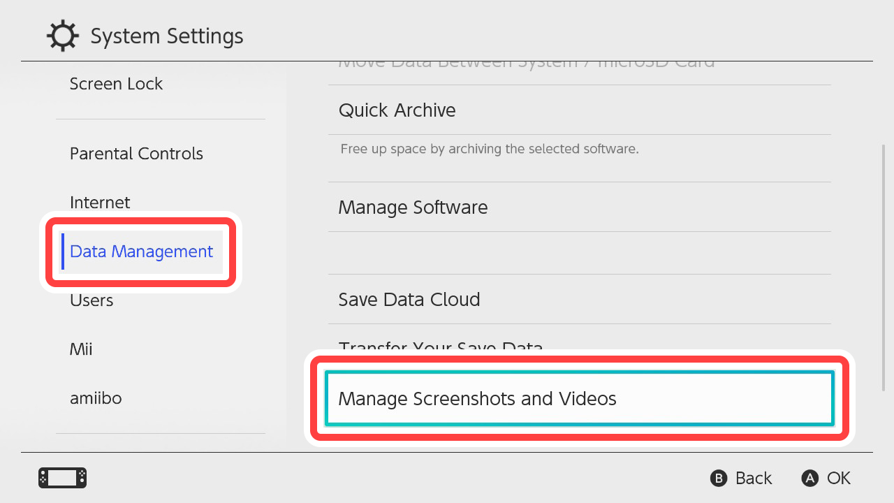 HOME Menu → System Settings → Data Management → Manage Screenshots and Videos