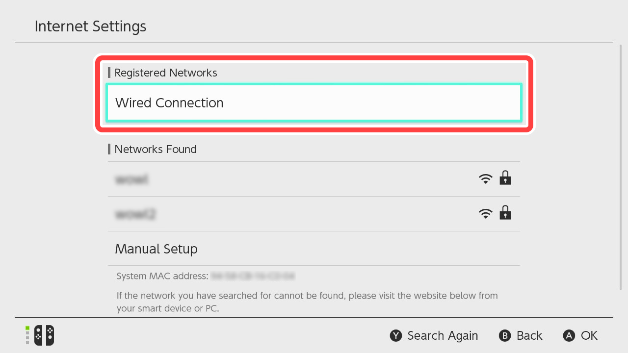 Selecting Wired Connection on the SSID list screen