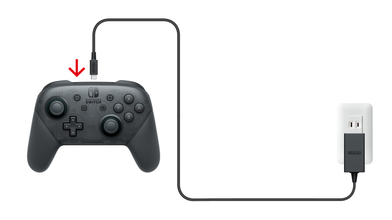 Connect the Nintendo Switch Pro Controller to the AC adapter supplied with the console.