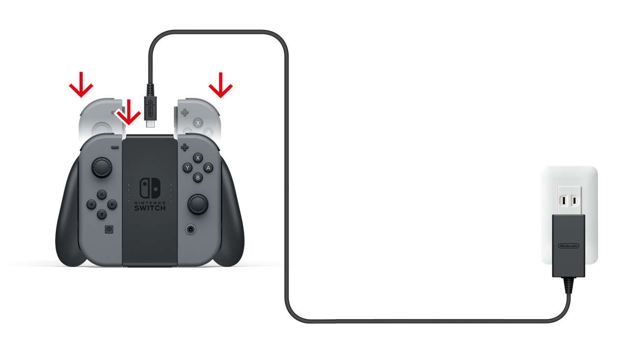 Attach your Joy-Con to a Joy-Con charging grip, then connect the AC adapter [HAC-002] supplied with your console to the charging grip.