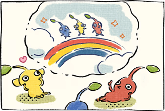This frame from one of the hand-illustrated comic strips shows three Pikmin thinking about what it would be like to walk on a rainbow of matching colors.