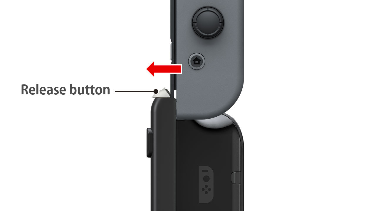 Use the Joy-Con side rail to press the Joy-Con AA battery pack release button.