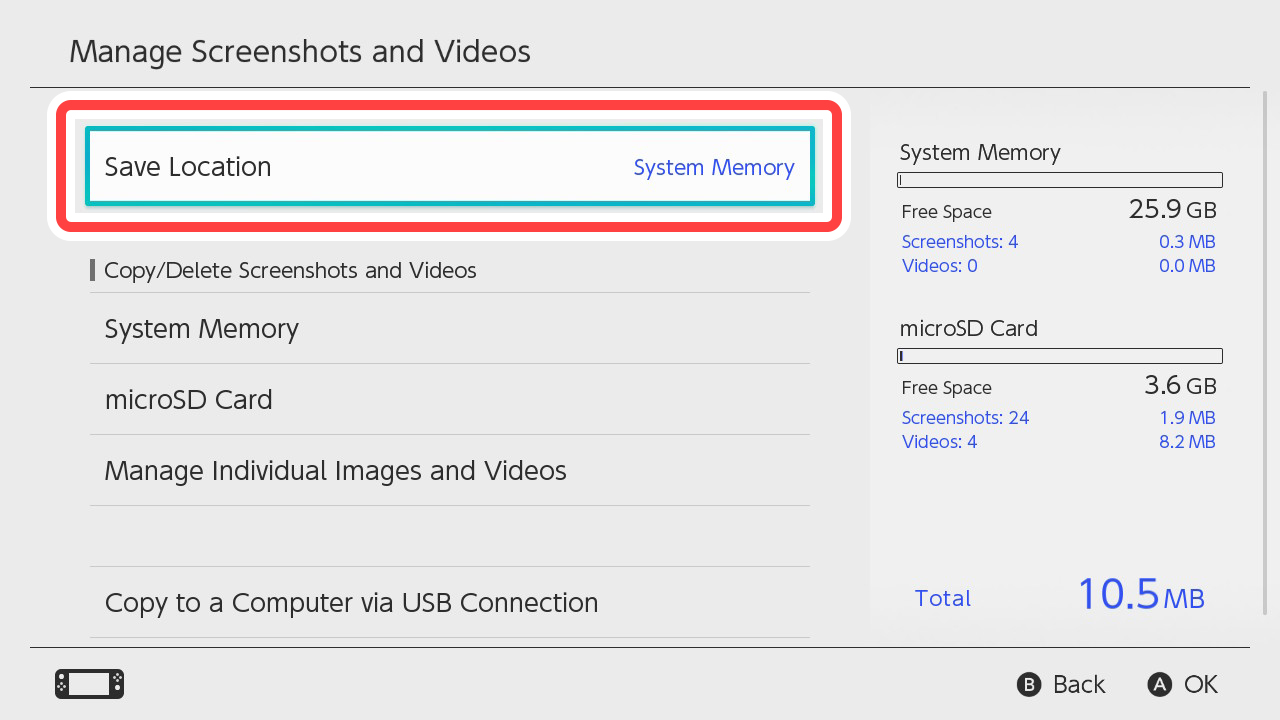 Data Management → Manage Screenshots and Videos → Save Location