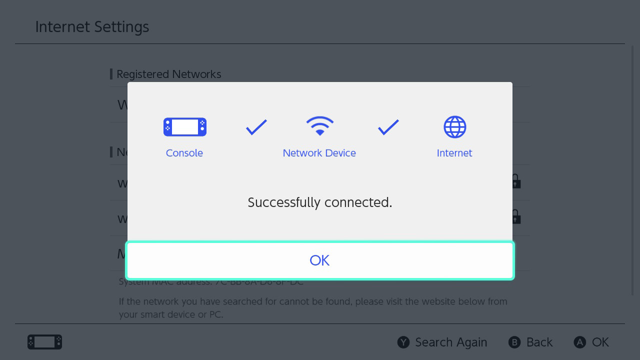 Screen showing wireless connection successfully established