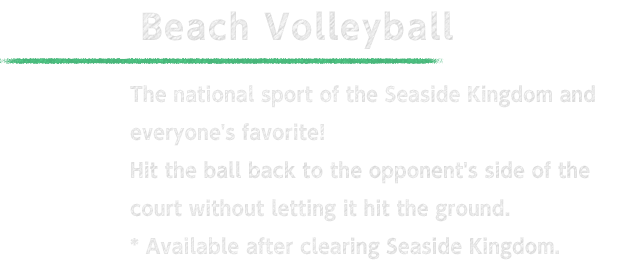 Beach Volleyball The national sport of the Seaside Kingdom and everyone's favorite! Hit the ball back to the opponent's side of the court without letting it hit the ground. * Available after clearing Seaside Kingdom.