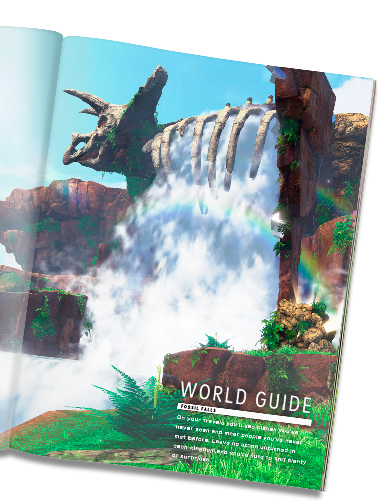 WORLD GUIDE -FOSSIL FALLS-　On your travels you'll see places you've never seen and meet people you've never met before. Leave no stone unturned in each kingdom, and you're sure to find plenty of surprises.