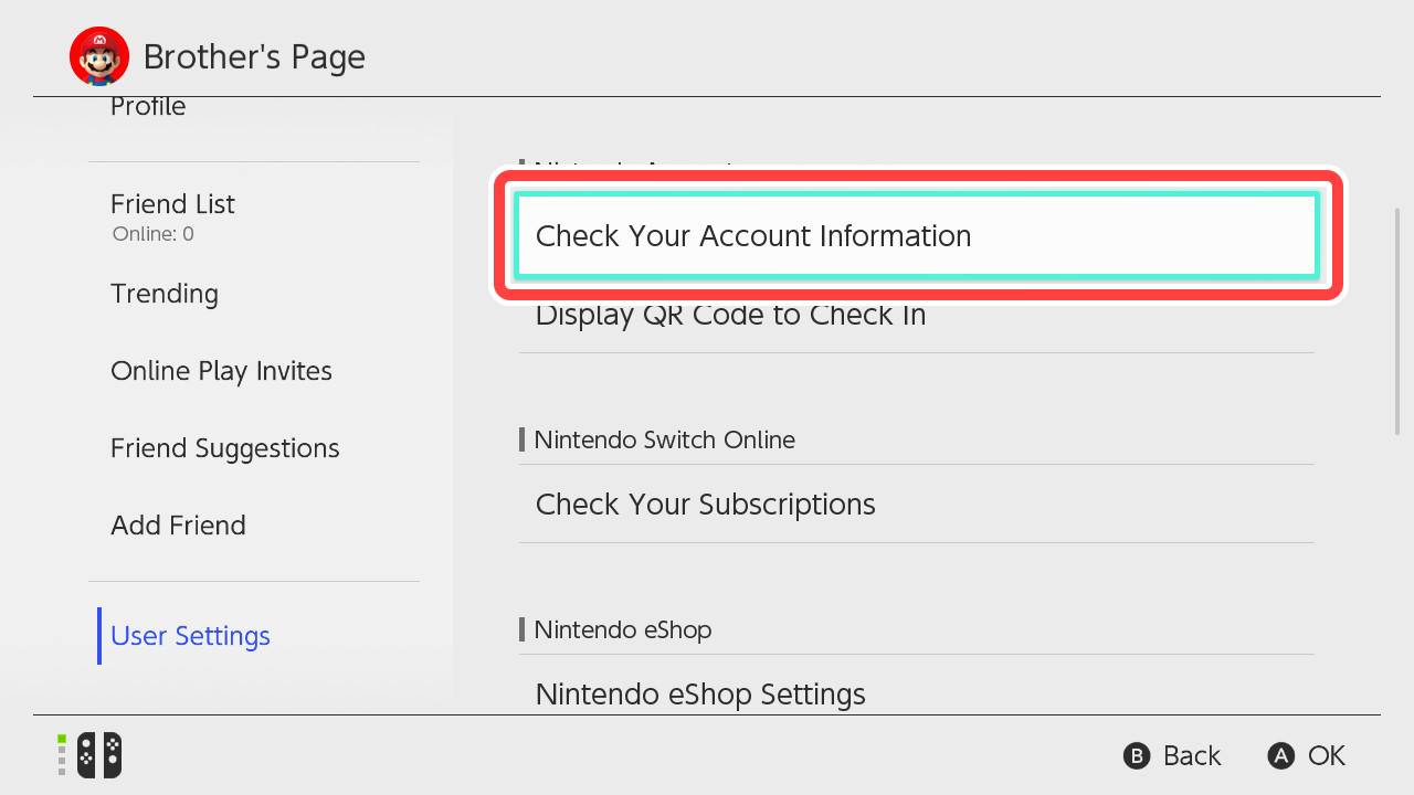 Select User Settings → Check Account Information.
