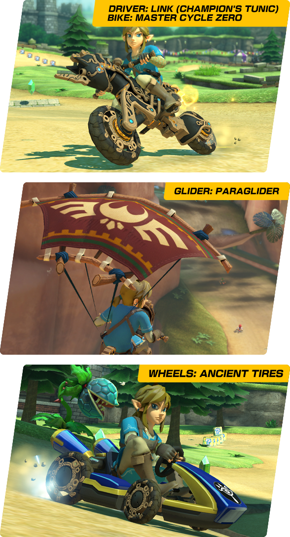 Driver: Link (Champion's Tunic). Bike: Master Cycle Zero. Glider: Paraglider. Wheels: Ancient Tires.