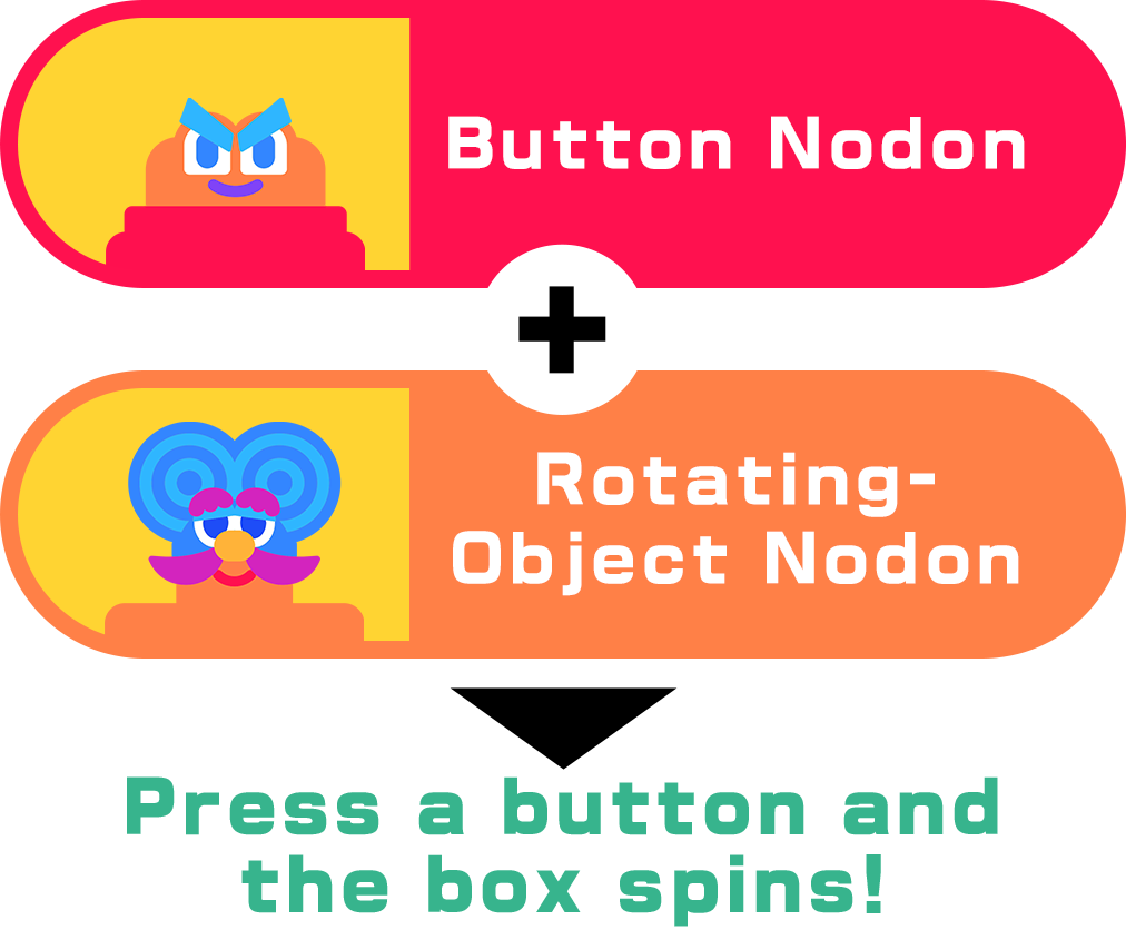 Use a Button Nodon and a Rotating-Object Nodon to make the box spin when you press a button!