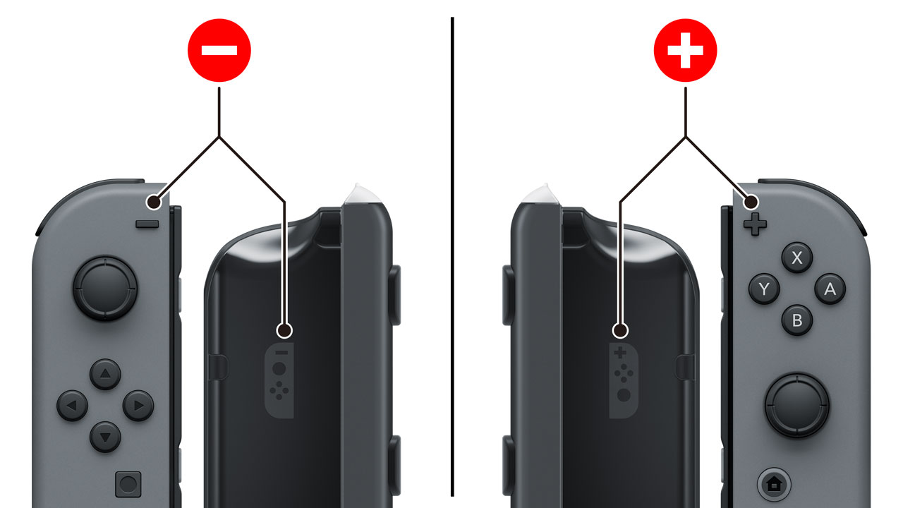 ตรวจสอบว่า Joy-Con และ Joy-Con AA battery pack ข้างซ้ายขวาตรงคู่กัน โดยดูที่เครื่องหมาย + และ −