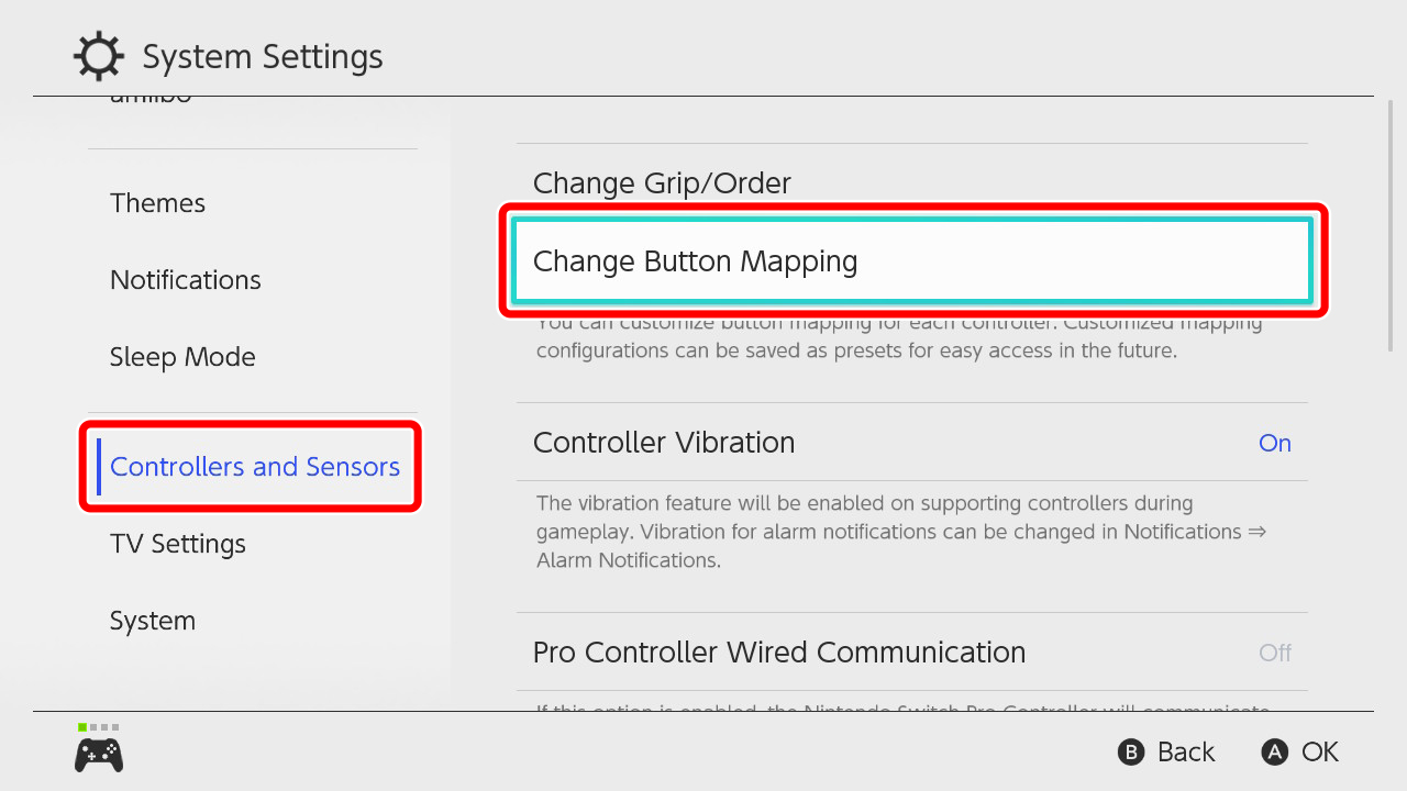 เลือก "System Settings" → "Controllers and Sensors" → "Change Button Mapping" ในเมนู HOME