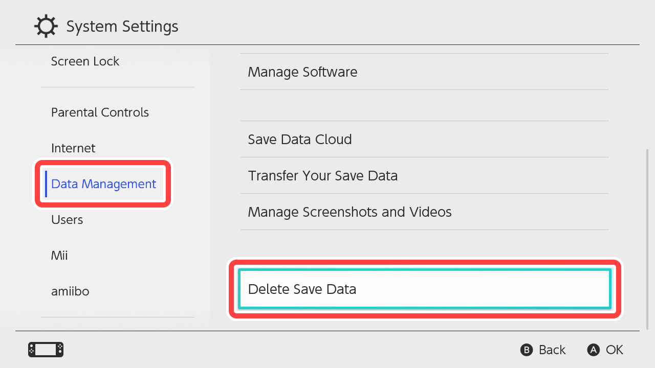 Data Management → Delete Save Data