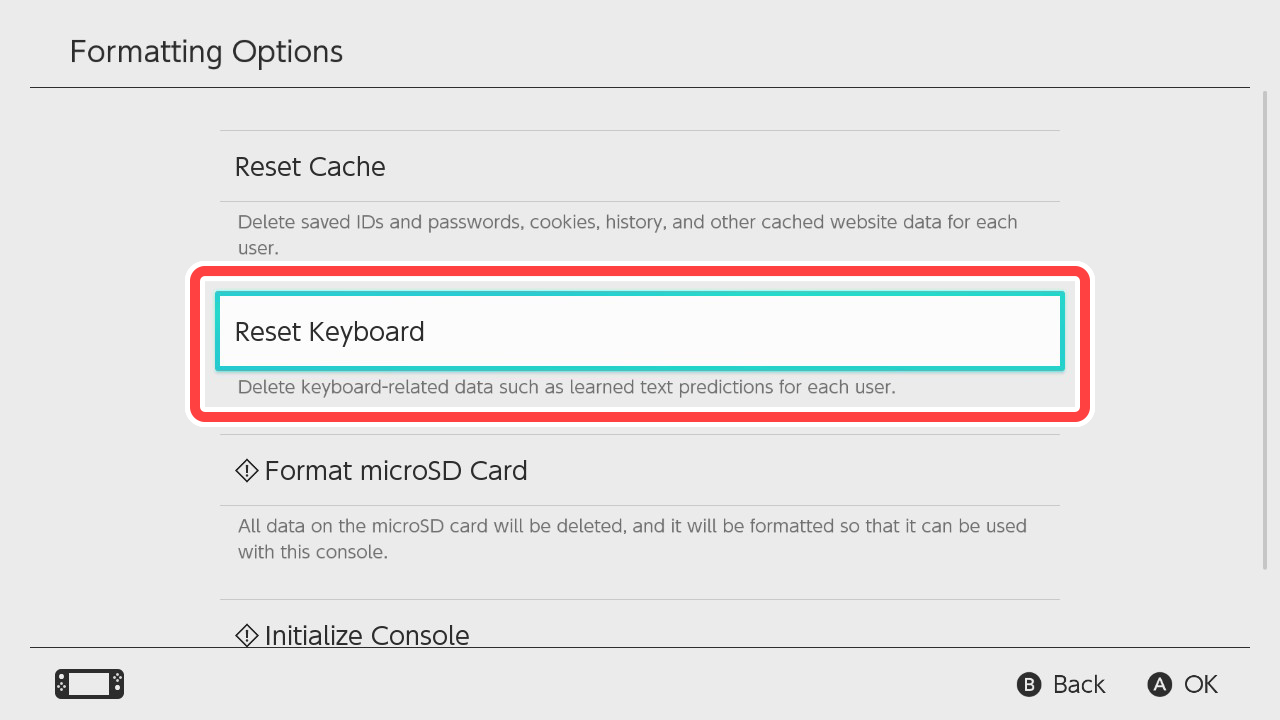 "System" → "Formatting Options" → "Reset Keyboard"