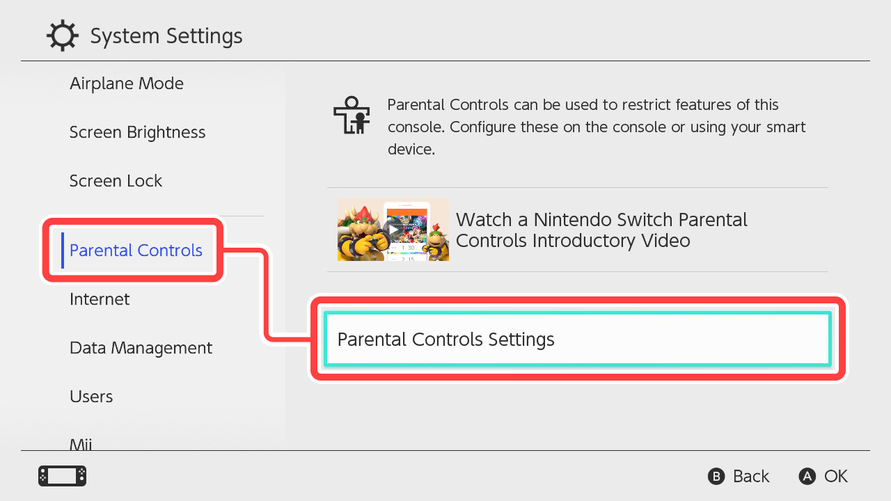 เลือก "Parental Controls" → "Parental Controls Settings"