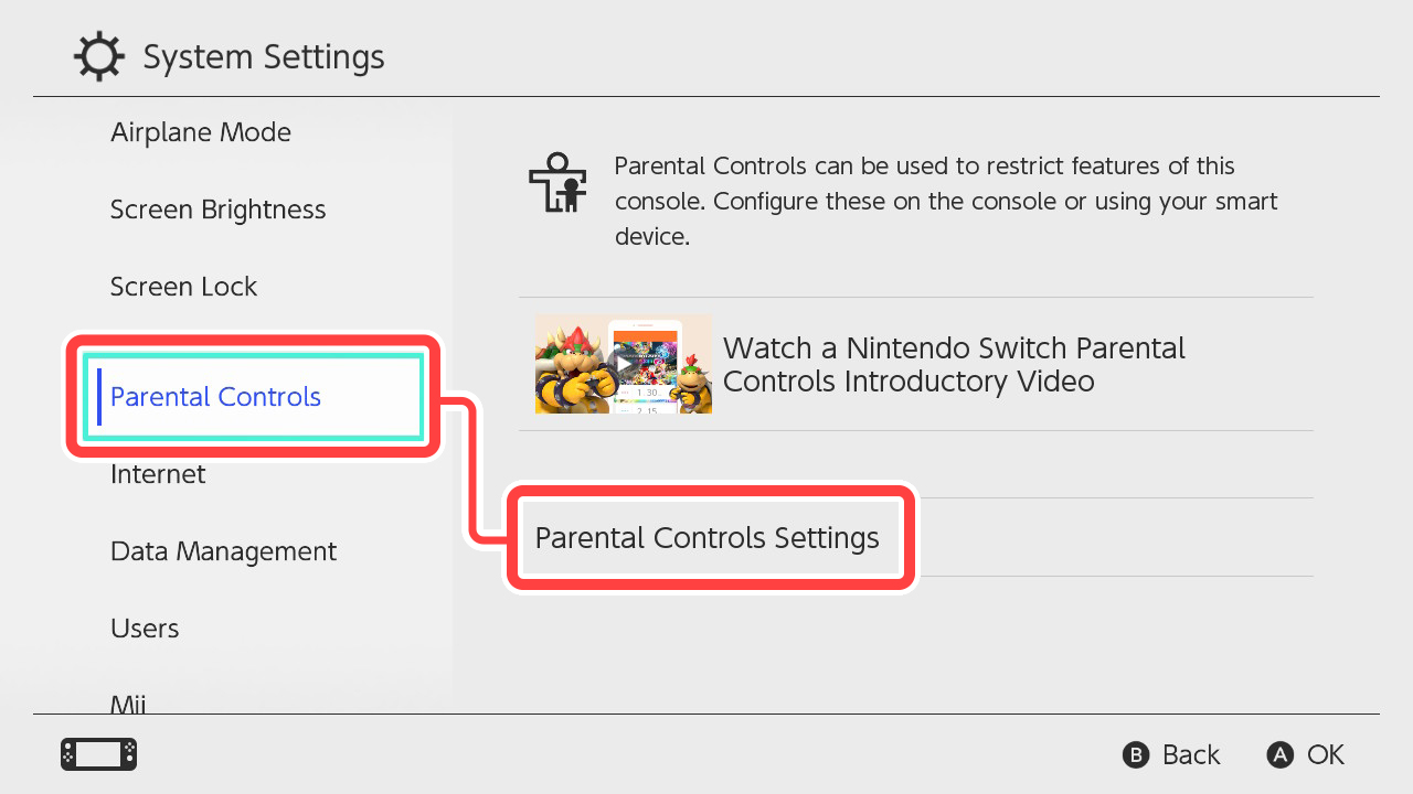 เลือก "Parental Controls" → "Parental Controls Settings"