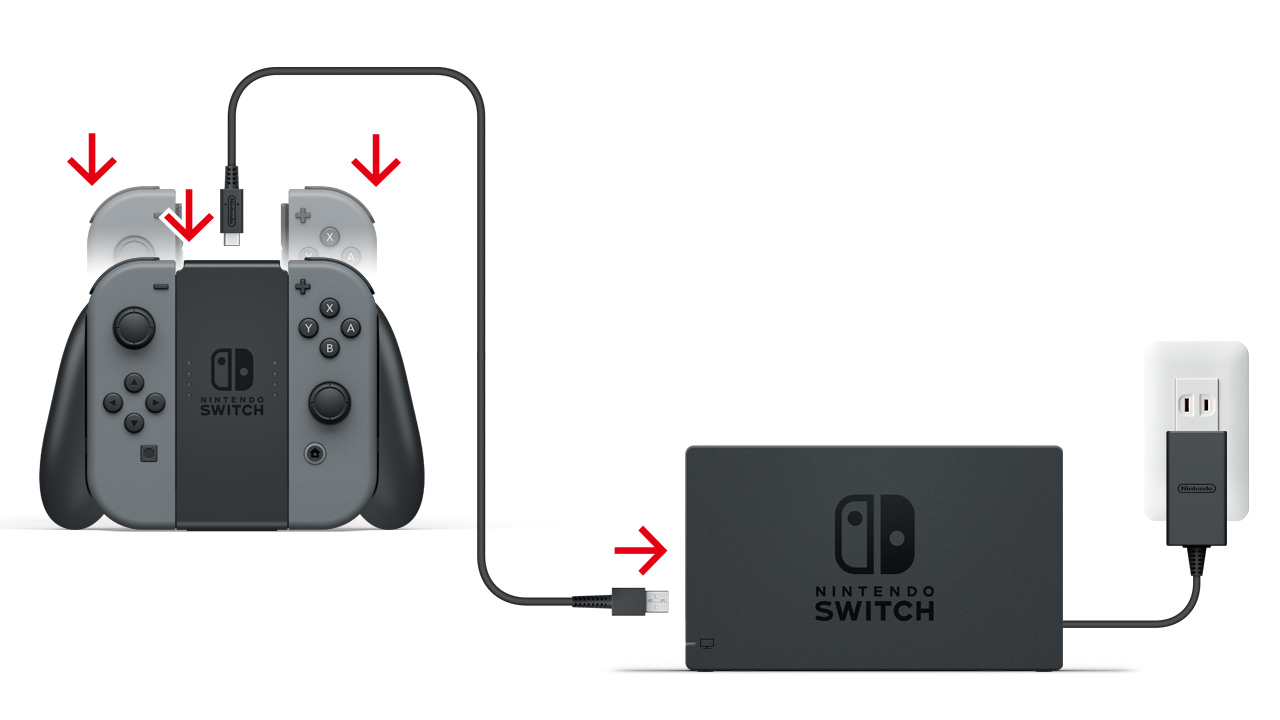 ติดตั้ง Joy-Con ลงใน Joy-Con Charging Grip แล้วเชื่อมต่อกับ Nintendo Switch dock ที่ต่อกับ AC adapter