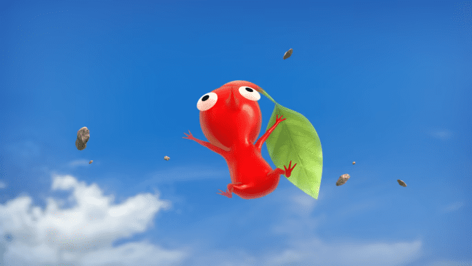 This still from one of the Pikmin Short Movies shows a Red Pikmin after it has been launched up into the air.